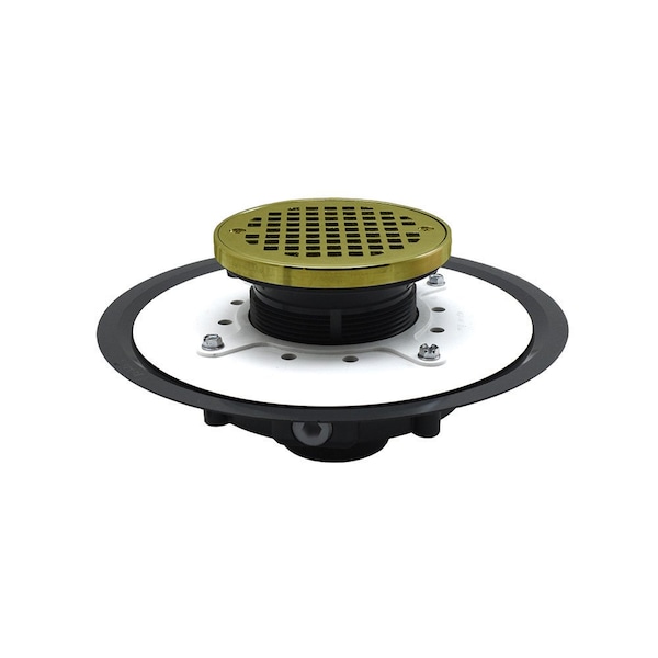 Jones Stephens 4in Heavy Duty PVC Drain Base with 3-1/2in Plastic Spud and 5in Polished Brass Strainer with Ring D53472 - main